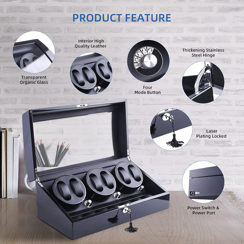 Watch Winder, XTELARY Luxury 3 Motor Quad Watch Winders for Automatic Watches Safe & Wooden Display Box Case 7+8 Storage (Black)