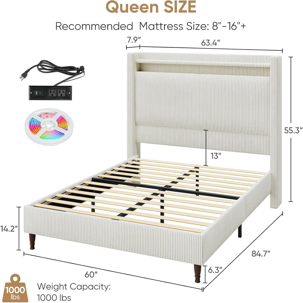 Queen Bed Frame with Tall Headboard, 55.3' Upholstered Platform Queen Size Bed Frame, Elegant Corduroy Wingback Bed with LED Lights & Charging Station, No Box Spring Needed, Solid Wood Slats, Cream