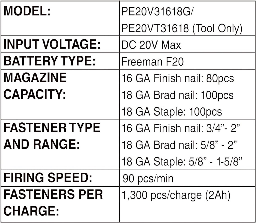 Freeman PE20VT31618 20 Volt Cordless 3-in-1 16 and 18 Gauge Nailer/Stapler (Tool Only) – 1300 Shots per Charge