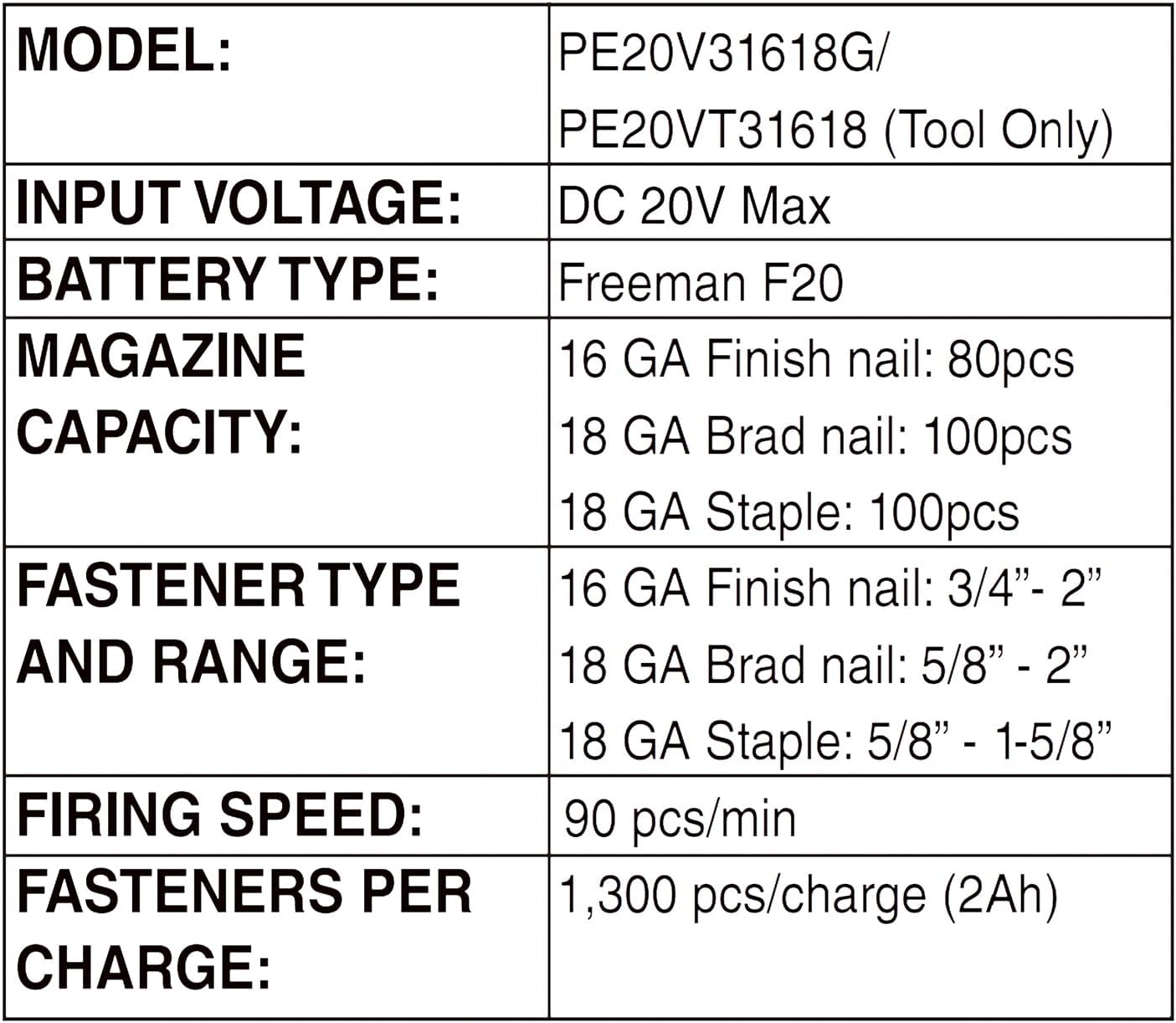 Freeman PE20VT31618 20 Volt Cordless 3-in-1 16 and 18 Gauge Nailer/Stapler (Tool Only) – 1300 Shots per Charge