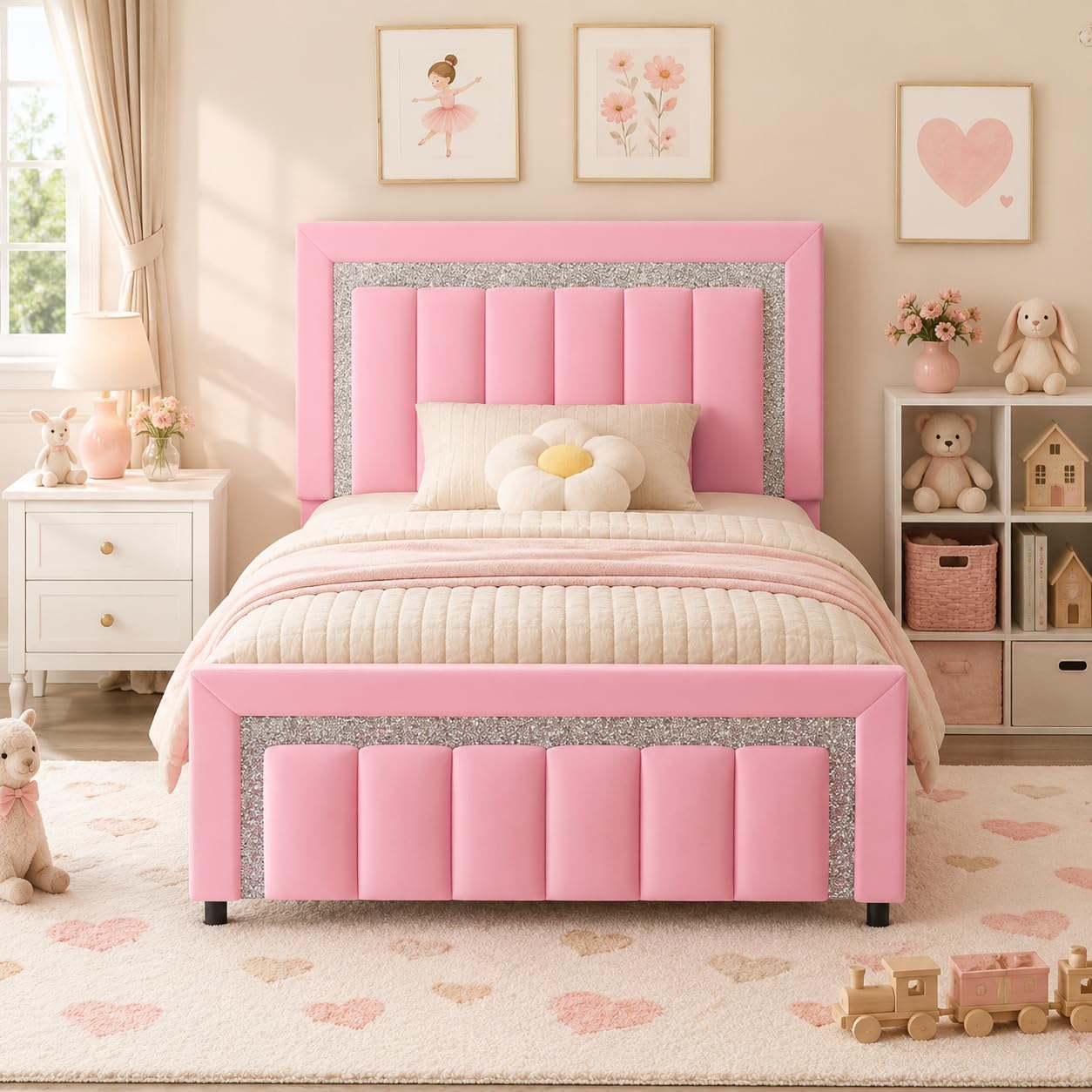 HOMBCK Twin Size Bed Frame with Headboard, Velvet Upholstered Platform Bed with Wooden Slats Support, Mattress Foundation, Twin Bed Frames for Girls, No Box Spring Needed, Easy Assembly, Pink