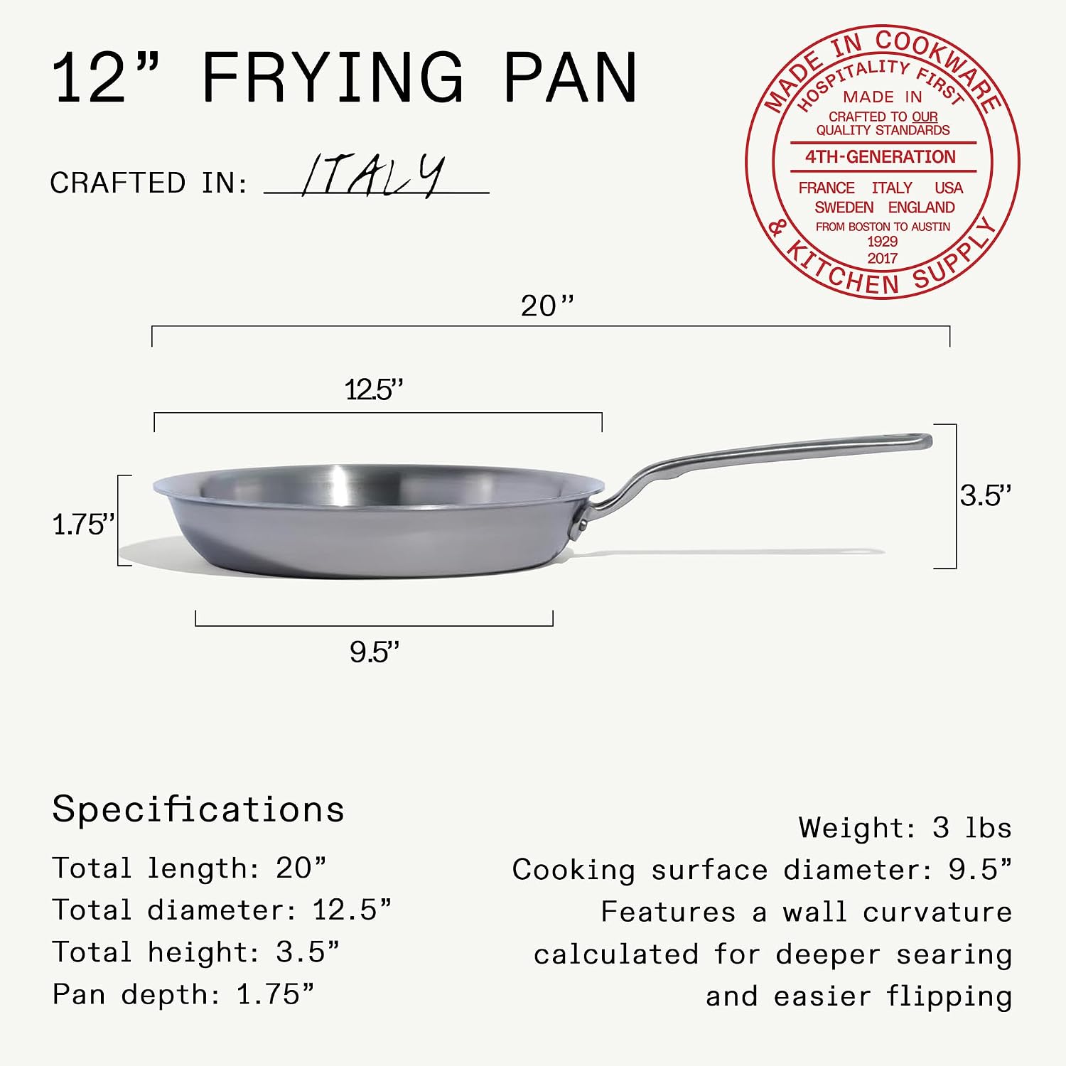 Made In Cookware | 12-Inch Stainless Steel Frying Pan | 5 Ply Stainless Clad | Professional Cookware | Crafted in Italy | Induction Compatible
