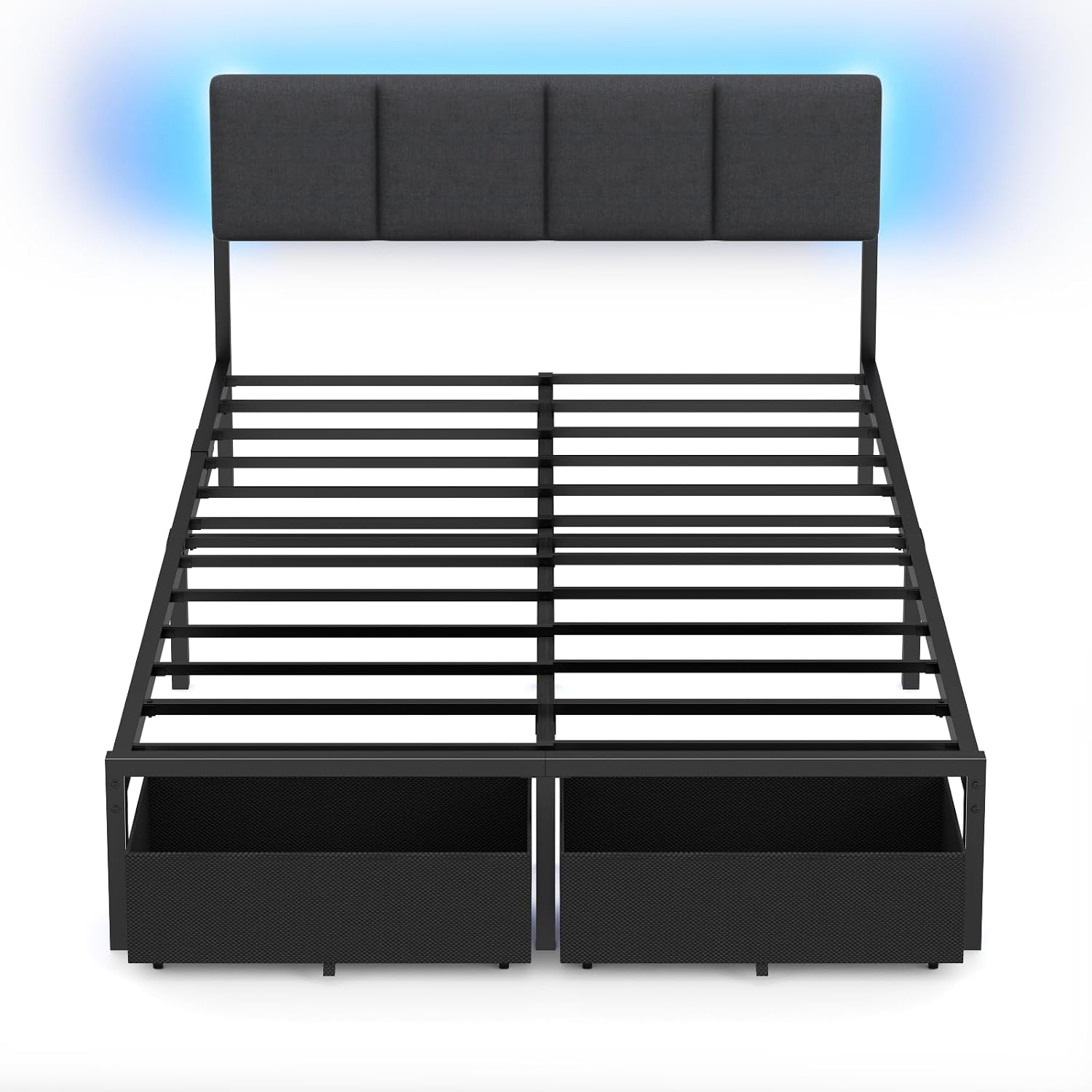 Furnulem Full Size Bed Frame with Headboard, Upholstered Full Bed Frame with LED Light, USB Charging Station, Platform Bedframe with 2 Fabric Underbed Storage Drawers, No Spring Box Needed