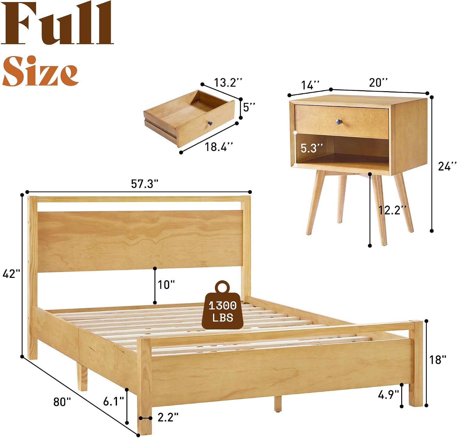 AMERLIFE 3 Pieces Solid Wood Bedroom Set, Full Platform Bed Frame with Headboard and Fully Assembled Nightstand Set of 2 with Storage Drawer, Modern Bedroom Furniture Set, Natural