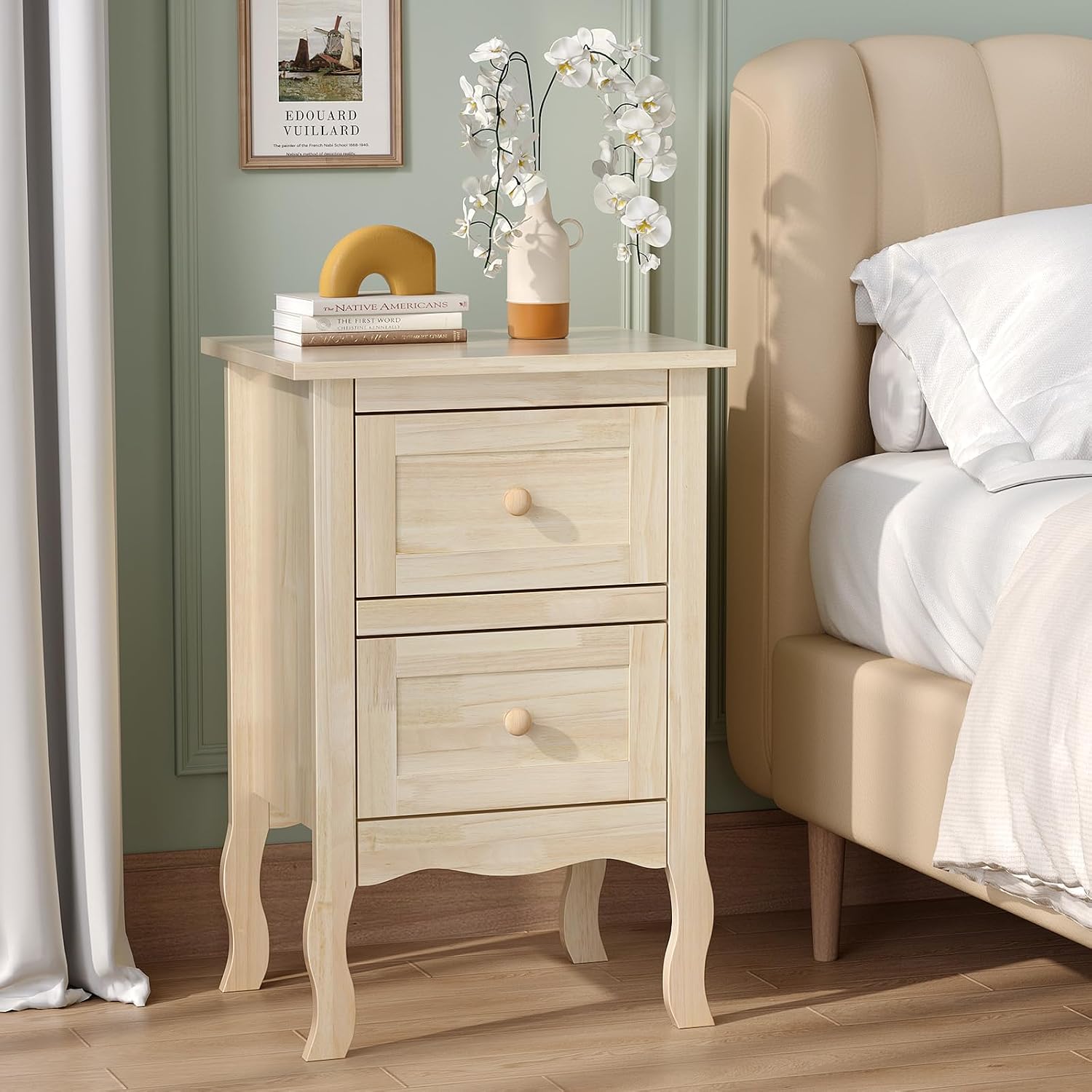 VINGLI Nightstands Set of 2, Unfinished Solid Wood Nightstand Color DIY, Small Nightstand for Bedroom, Natural Wood Night Stand with Drawers, Light Wood Night Stands, Real Wooden Bedside Table