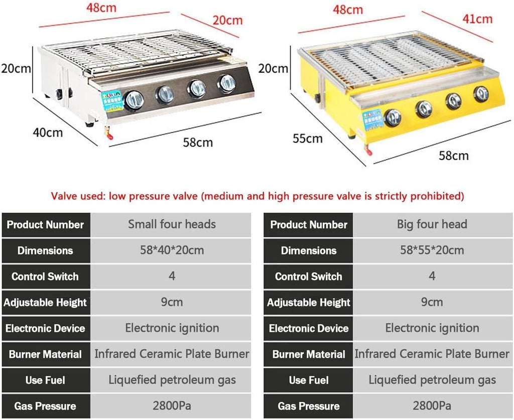 4-Burner Stainless Steel Tabletop Gas BBQ Grill with Grease Tray, Portable Cast Iron Griddle for Outdoor Cooking, Even Heat Distribution, Compact Design, 58x55x20cm, Yellow(Khaki,58x55x20cm)