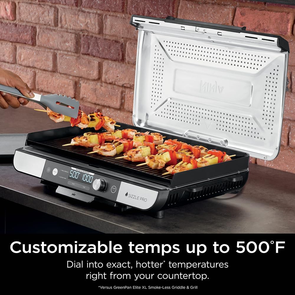 Ninja Sizzle Pro XL 20-Inch Indoor Griddle + Grill, Detachable Ventilated Lid, Grease Control, Ceramic Nonstick Plates, Even Edge-to-Edge Cooking, XL Capacity, Versatile, Silver GX101 (Renewed)
