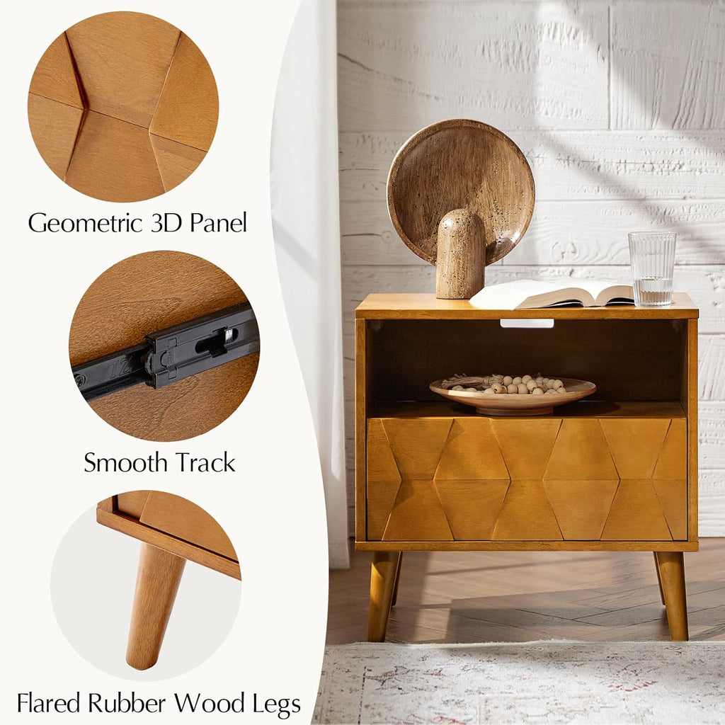 HULALA HOME Mid Century Modern Nightstand with Solid Wood Legs,Drawer Organizer with Charging Station, Geometric Pattern Nightstand Set of 2, Acorn