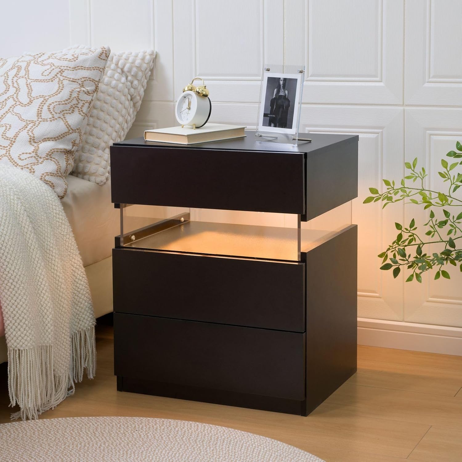 i-aplus Black LED Nightstand Set of 2,Night Stand Set 2,Modern Night Stand with 3 Drawers,Night Stands for Bedroom Set of 2,Bedside Table with Silent Slide Drawer