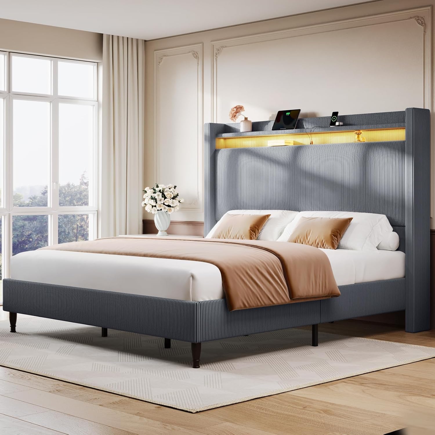 King Bed Frame with 55.3' Tall Headboard, Corduroy Upholstered Platform Bed with LED Lights & Charging Station, Wingback Storage Headboard, Solid Wood Slats,Noise Free,No Box Spring Needed,Dark Grey