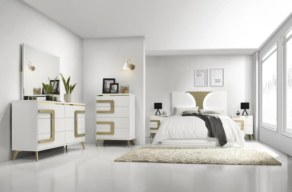 Kings Brand Furniture Claire 6-Piece King Size Bedroom Set - Bed with LED Headboard, Dresser, Mirror, Chest and 2 Nightstands, White/Gold