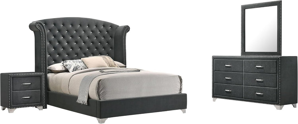 Coaster Home Furnishings Melody Modern Classic 4-Piece Bedroom Set Velvet Upholstered Eastern King Size Wingback Bed Frame 66-inch Headboard Grey 223381KE-S4