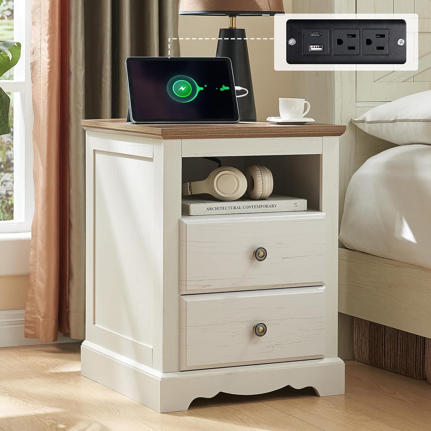 AMERLIFE 3 Piece Bedroom Set Including Farmhouse Full Size Bed Frame with 4 Drawers, Nightstands Set of 2 with Charging Station for Bedroom, White