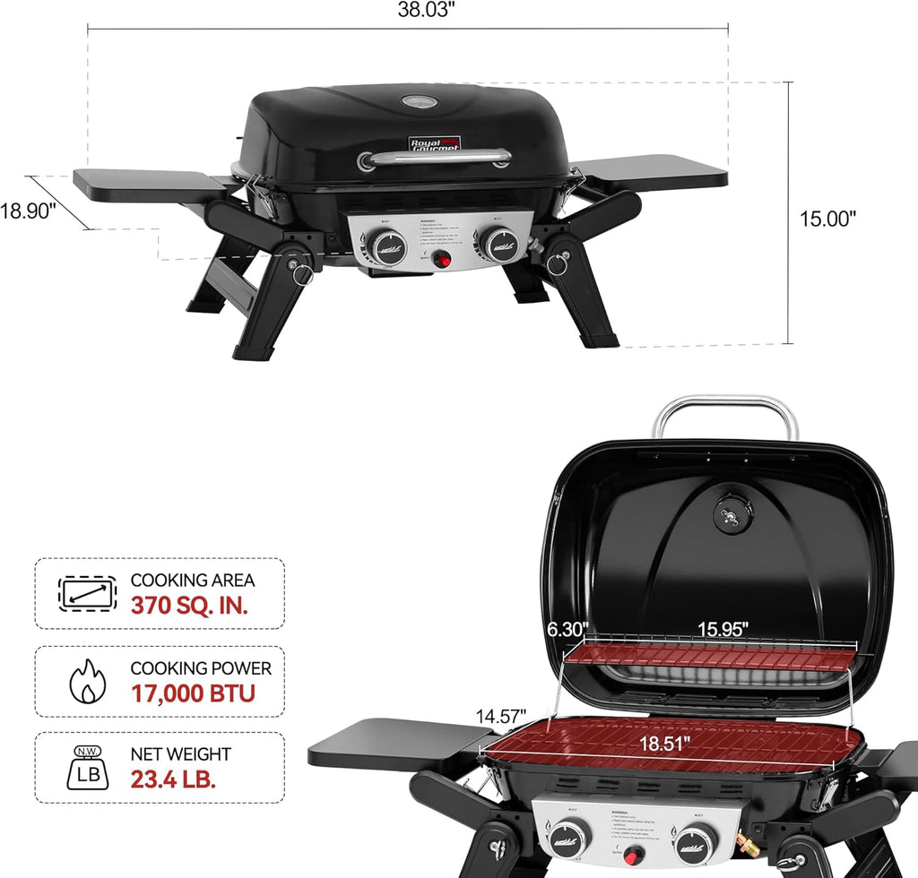 Royal Gourmet GT2005 2 Burner Portable Propane Gas Grill with 24 Inch Tabletop Cover Bundle - Foldable Tables & Legs, 270 sq. in. Cooking Area, Black