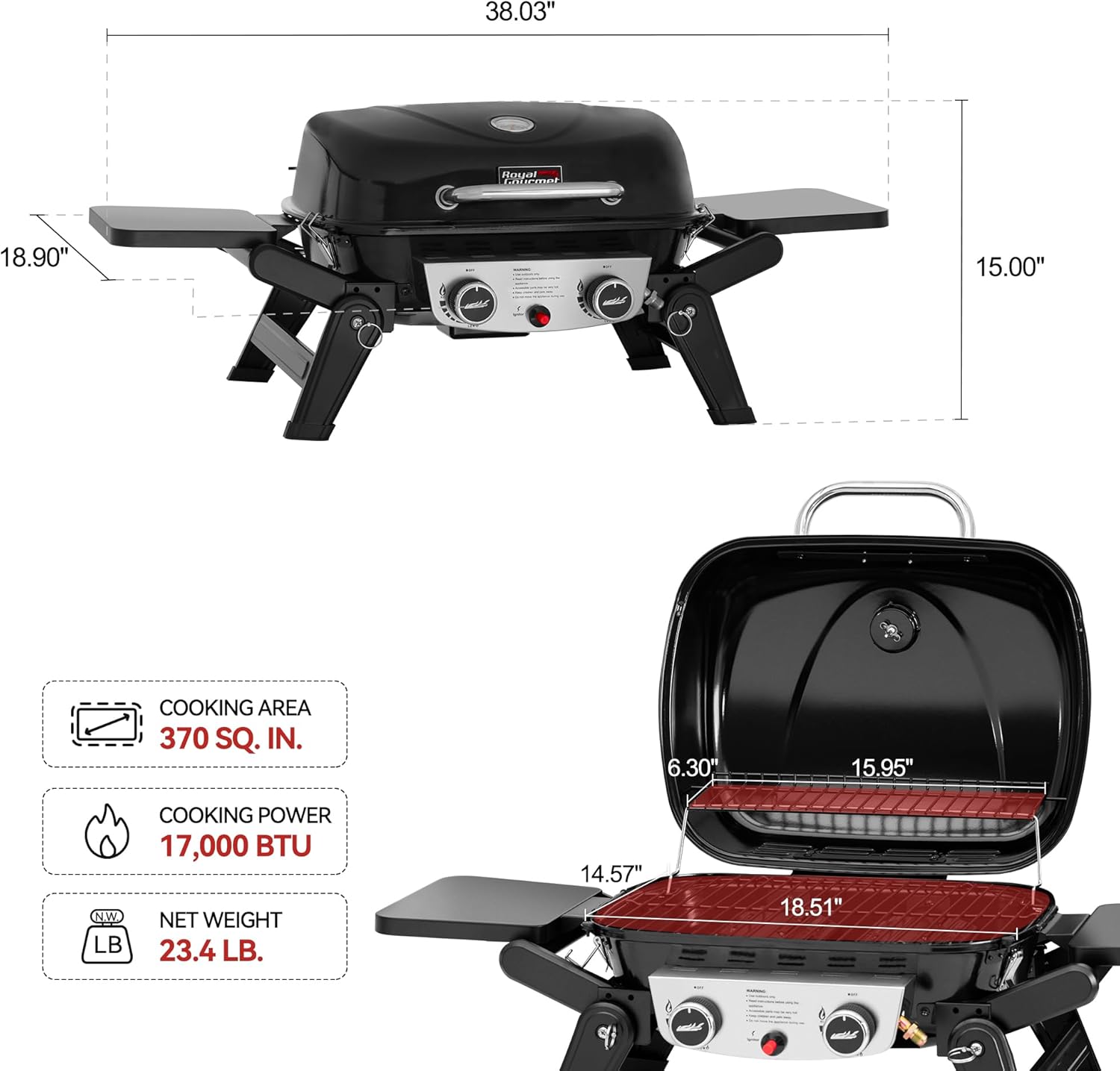 Royal Gourmet GT2005 2 Burner Portable Propane Gas Grill with 24 Inch Tabletop Cover Bundle - Foldable Tables & Legs, 270 sq. in. Cooking Area, Black