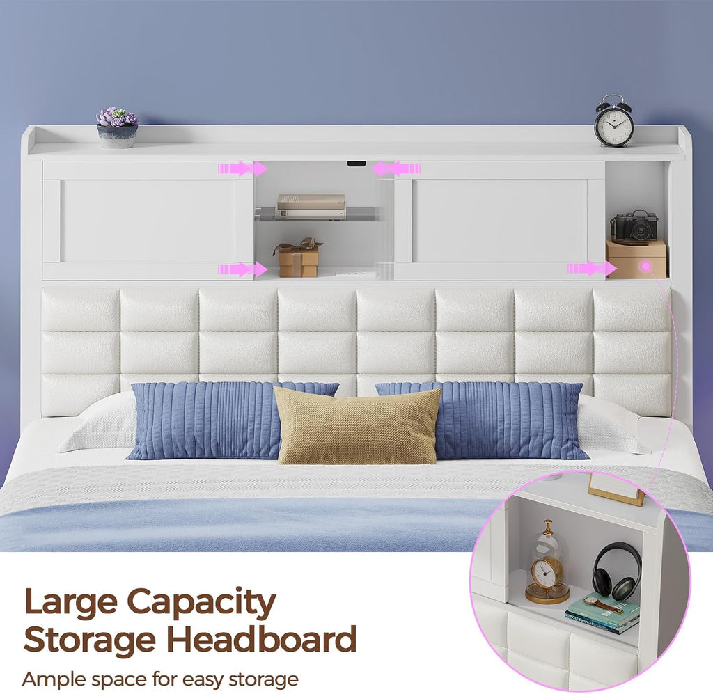 Rolanstar Bed Frame Full Size with Charging Station, Bookcase Headboard Bed with LED Light and Sliding Doors, Platform Bed with Wooden Slats, No Box Spring Needed, Noise Free, White
