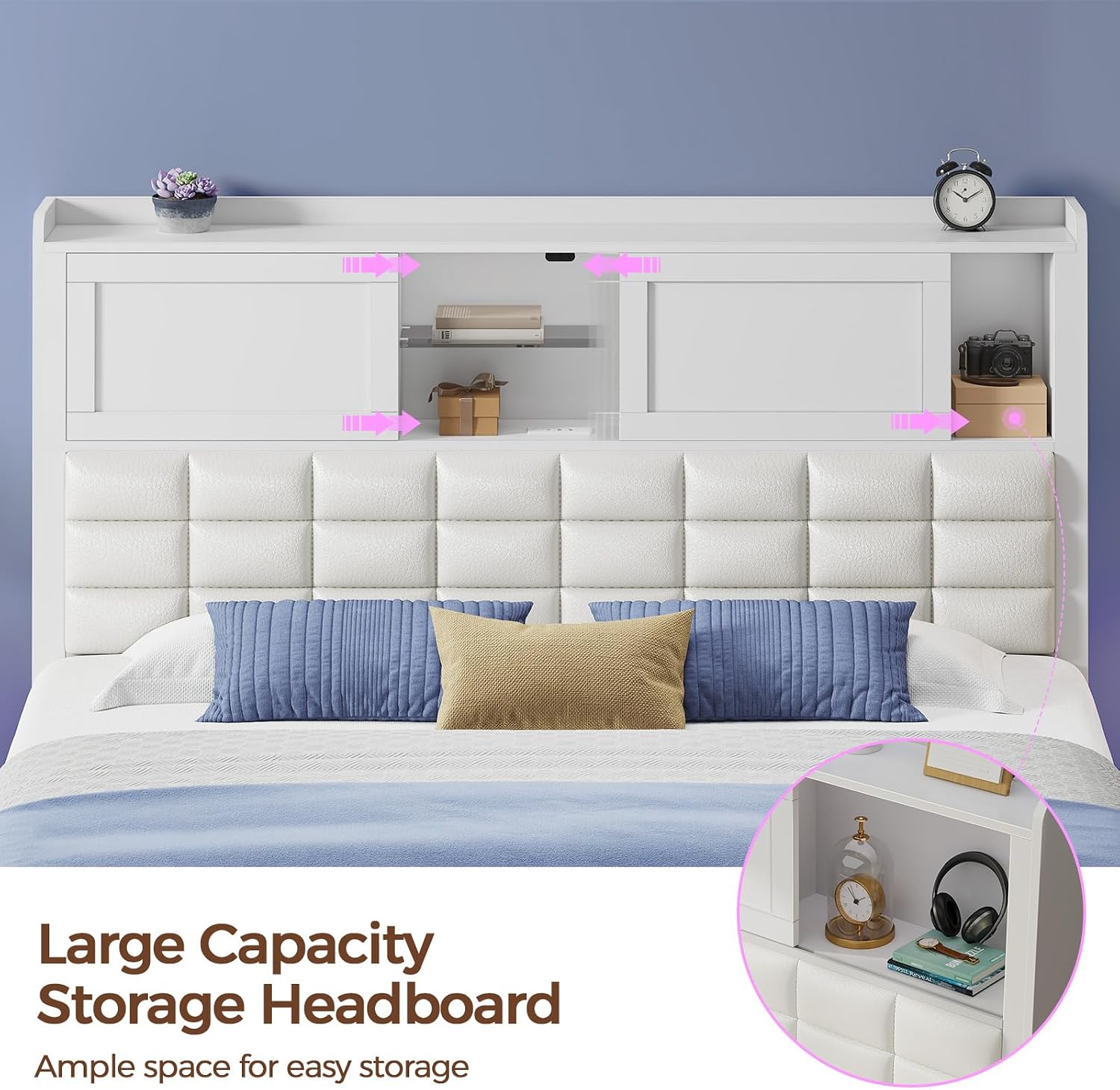 Rolanstar Bed Frame Full Size with Charging Station, Bookcase Headboard Bed with LED Light and Sliding Doors, Platform Bed with Wooden Slats, No Box Spring Needed, Noise Free, White