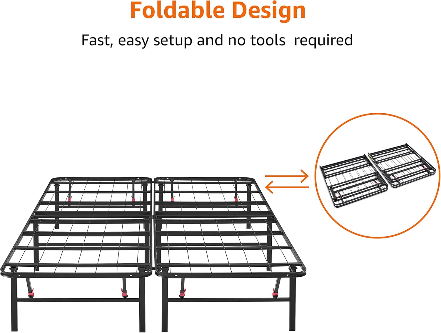 Amazon Basics Bed Frame with Storage, Foldable Metal Platform, Sturdy Steel, No Box Spring Needed, 14 inches High, Tool-Free Easy Assembly, Noise-Free, King Size, Black