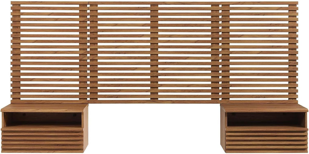 Modway Render Wall-Mount Headboard and Modern Nightstands Bedroom Set, Twin, Walnut