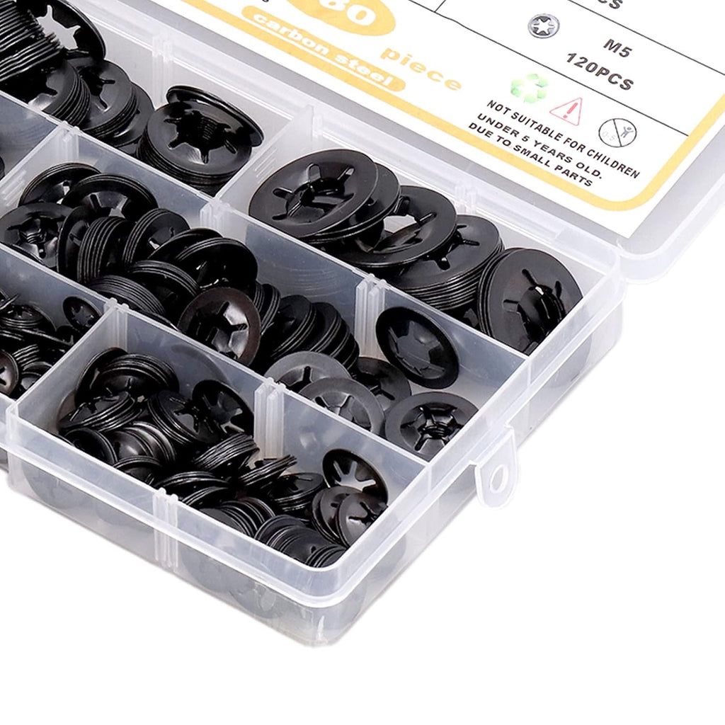 680Pcs Carbon Steel Starlock Washers Kit, M3 to M12 Assortment, Quick Speed Locking, Internal Tooth Design for Secure Fastening, Push Nuts & Retaining Clips Included