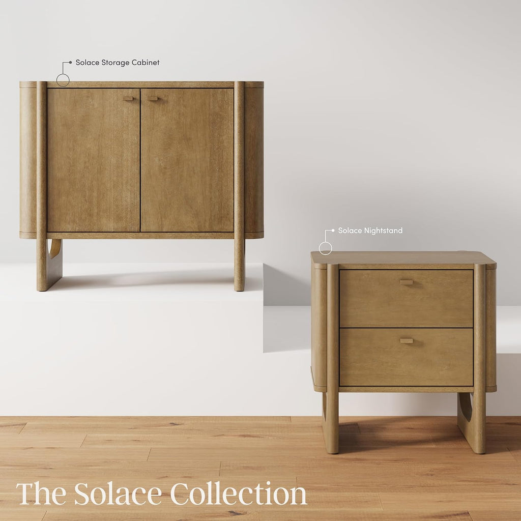 Nathan James Solace Mid Century Modern 2 Drawer Nightstand with Solid Wood Frame and Rounded Details, Light Brown Set of 2