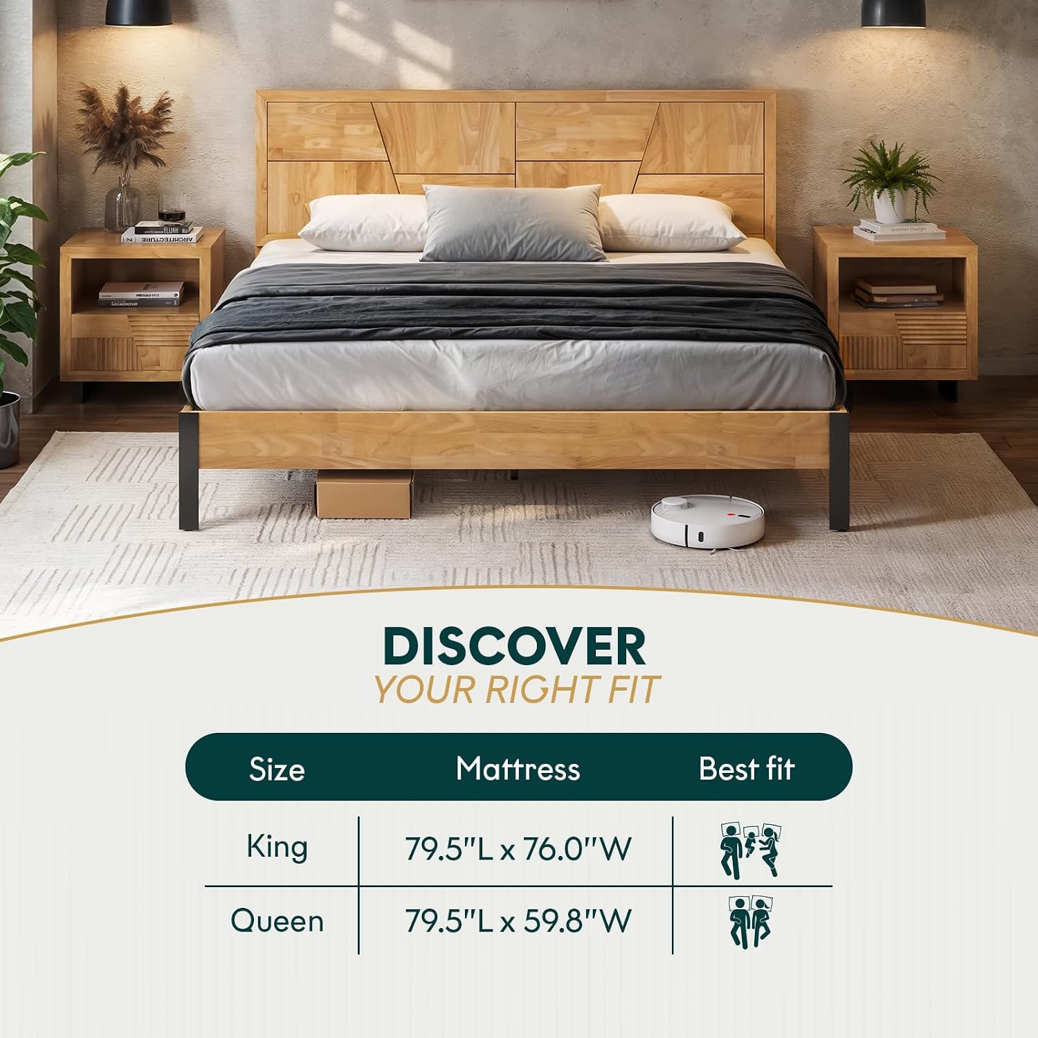 Bme Trapeze King Bed Frame – Modern Solid Wood Bed with Smooth Pattern Headboard, Black Metal Legs, Light Natural Finish – Durable King Size Platform Bed for Contemporary Bedrooms