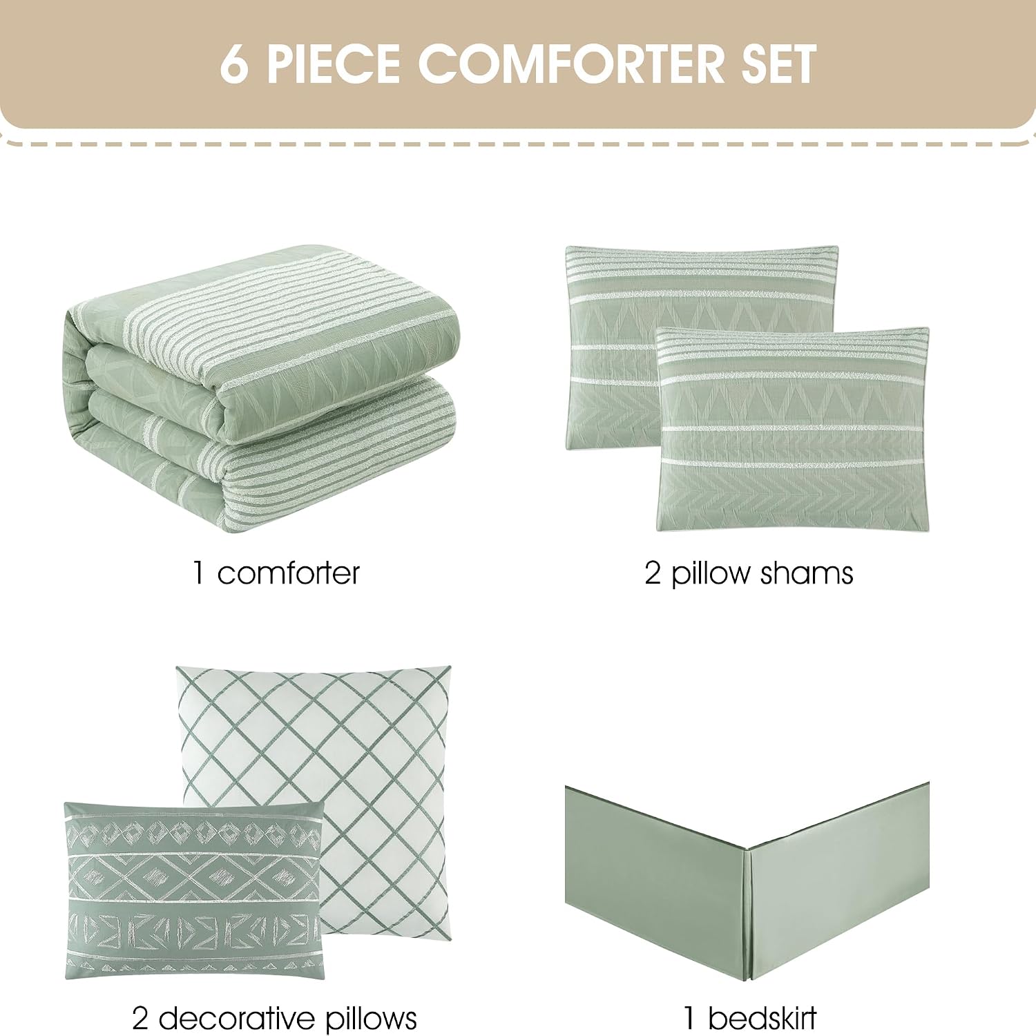 Stratford Park Cotton California King Comforter Set, Sage Geometric Jacquard Bedding Set, Cozy 6 Piece Bedding Set, Bedskirt, Pillows & Shams, Home Decor