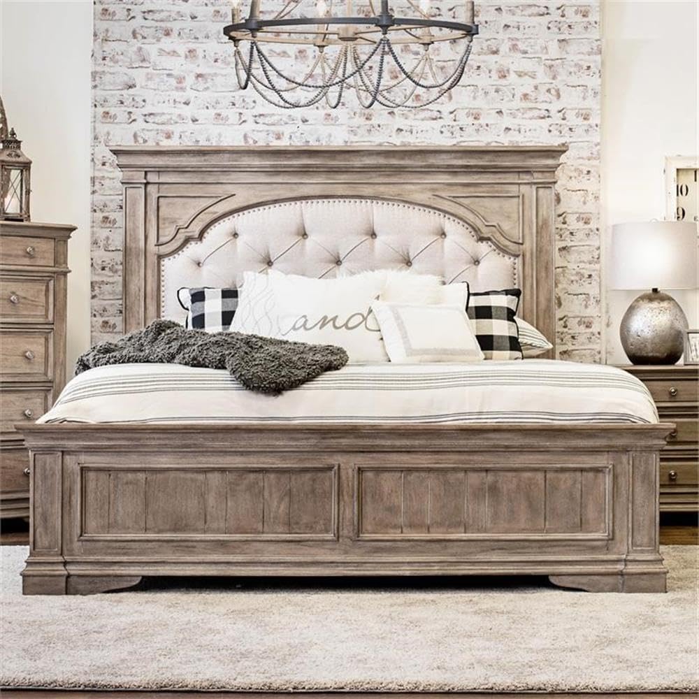Steve Silver Company Highland Park 83.5' x 90' Farmhouse Wood & Fabric Upholstered Panel King Bed with Button Tufted Headboard, Low Vertical Planked Inset Footboard, in Driftwood Gray Finish