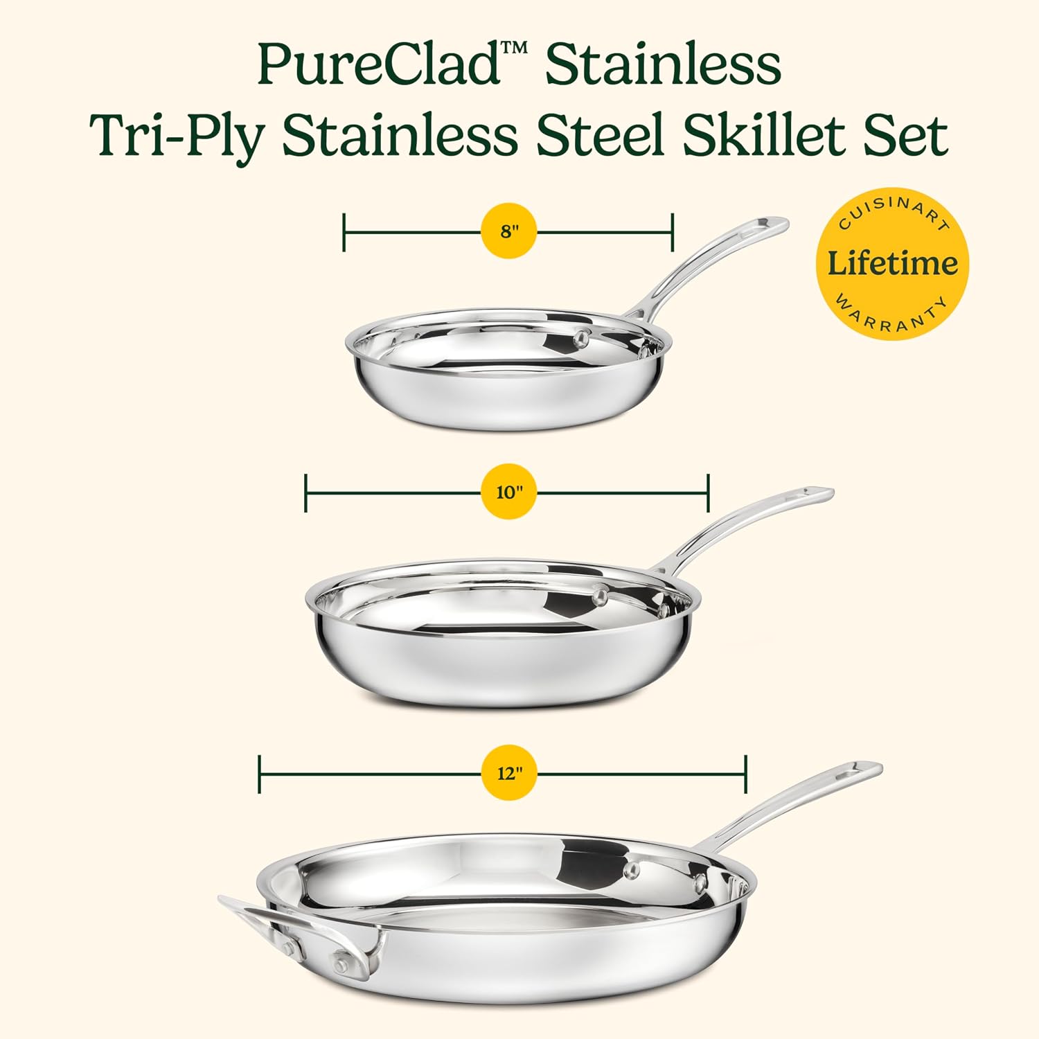 Cuisinart 3 Piece PureClad, Triple-Ply Stainless Steel Skillet Set, PCST22-81012