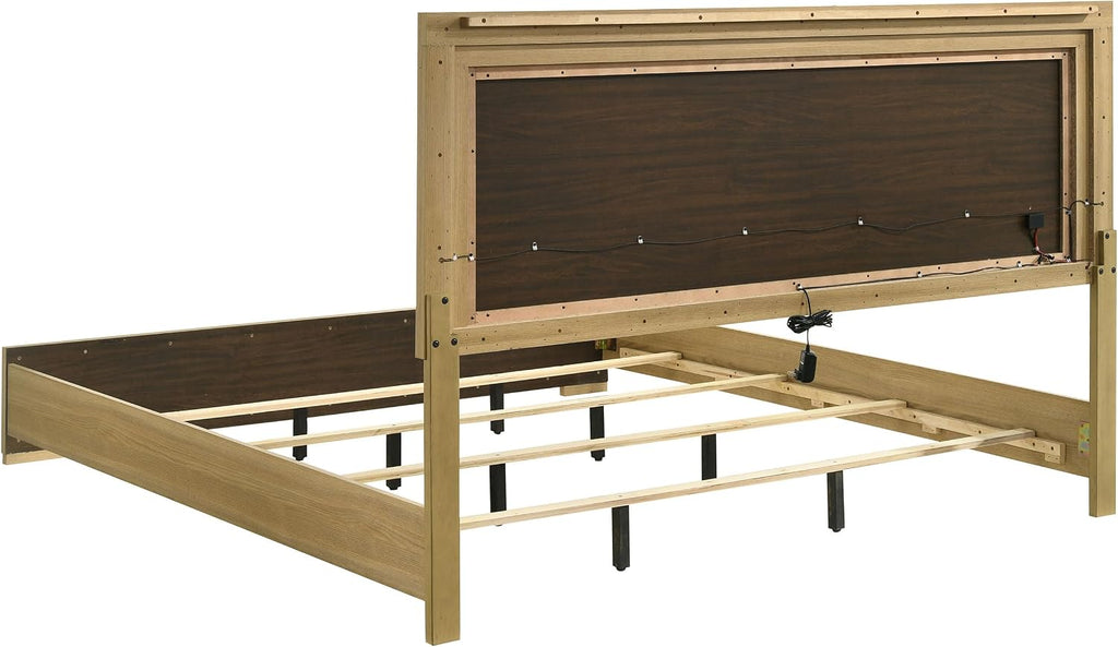 Coaster Home Furnishings Hyland Coastal 5-Piece Bedroom Set Upholstered Eastern King Size LED Panel Bed Frame 52-inch Headboard Natural 215651KE-S5