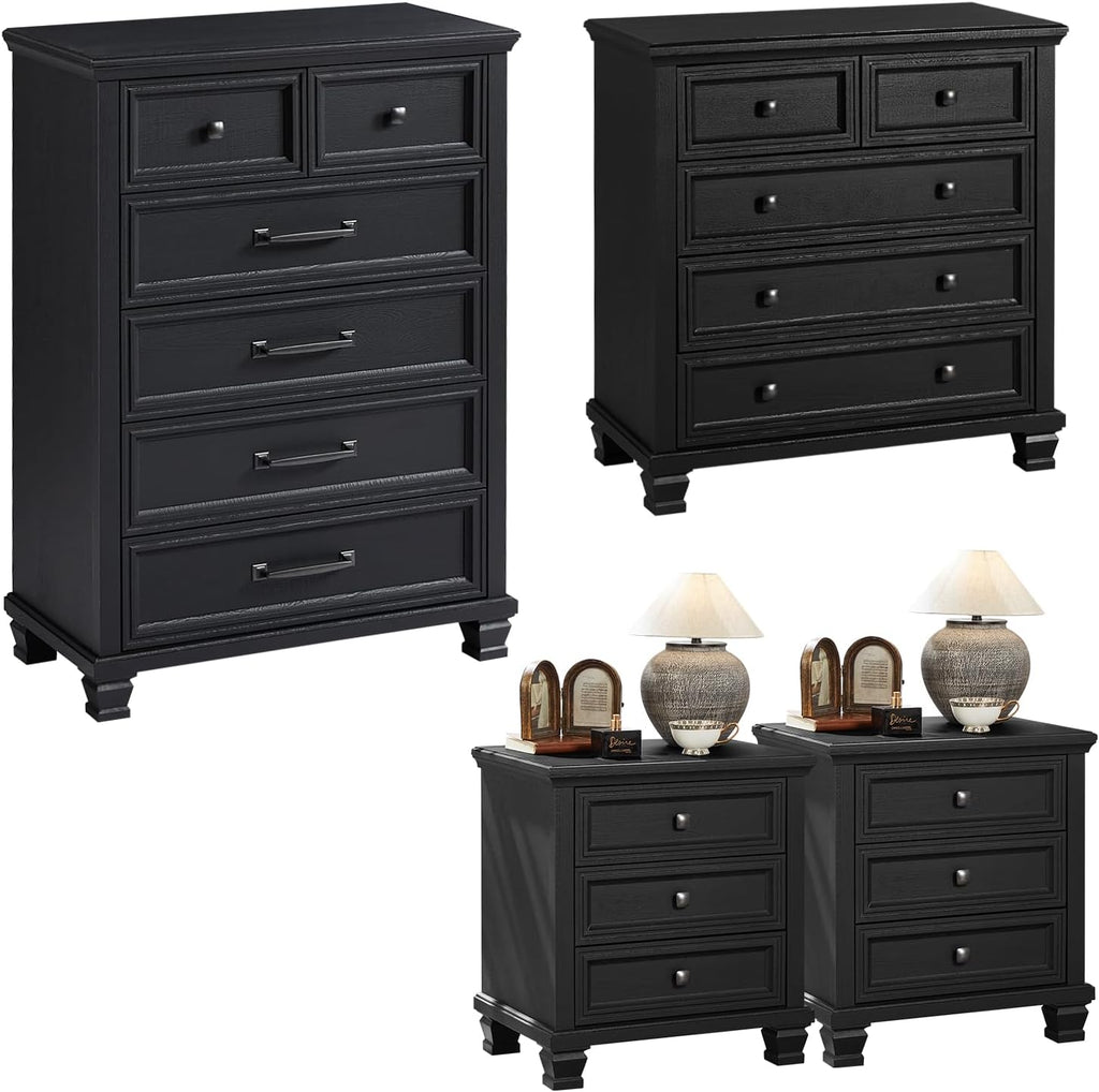 SAVOR LIFE Farmhouse Bedroom Dresser and Nightstand Set of 4, 6 Drawer Tall & 5 Drawers Dresser & 3 Drawer Nightstand Set with Wooden Legs, Rustic Wood Furniture for Bedroom, Hallway, Black