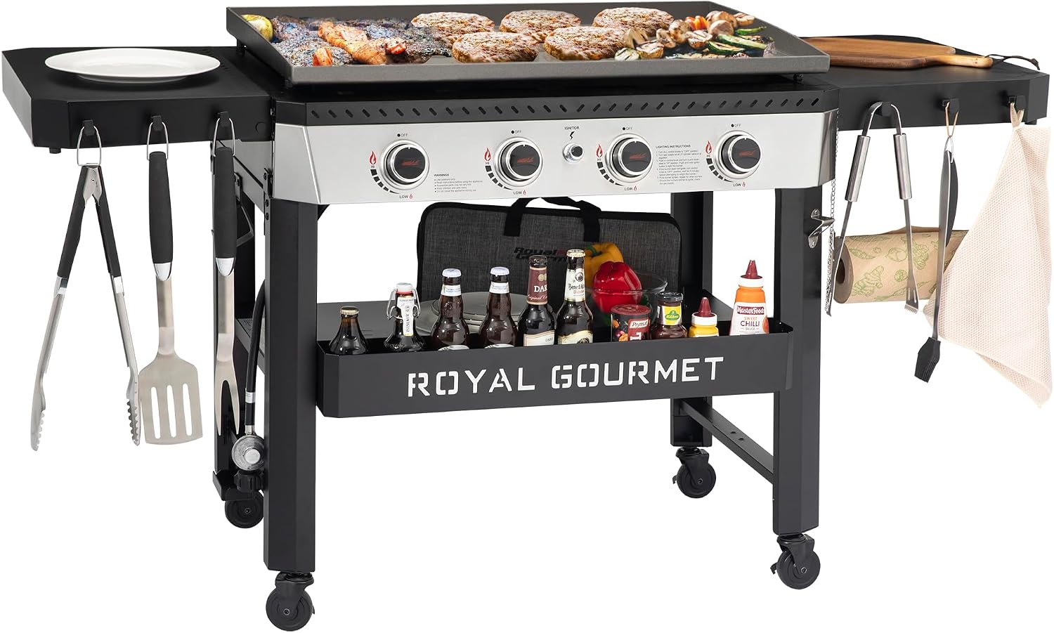 Royal Gourmet GB4007 4 Burner Propane Gas Griddle with Folding Side Tables, 34-Inch Flat Top Grill with 52,000 BTUs Output for Outdoor Cooking like Camping or Tailgating, Black & Silver
