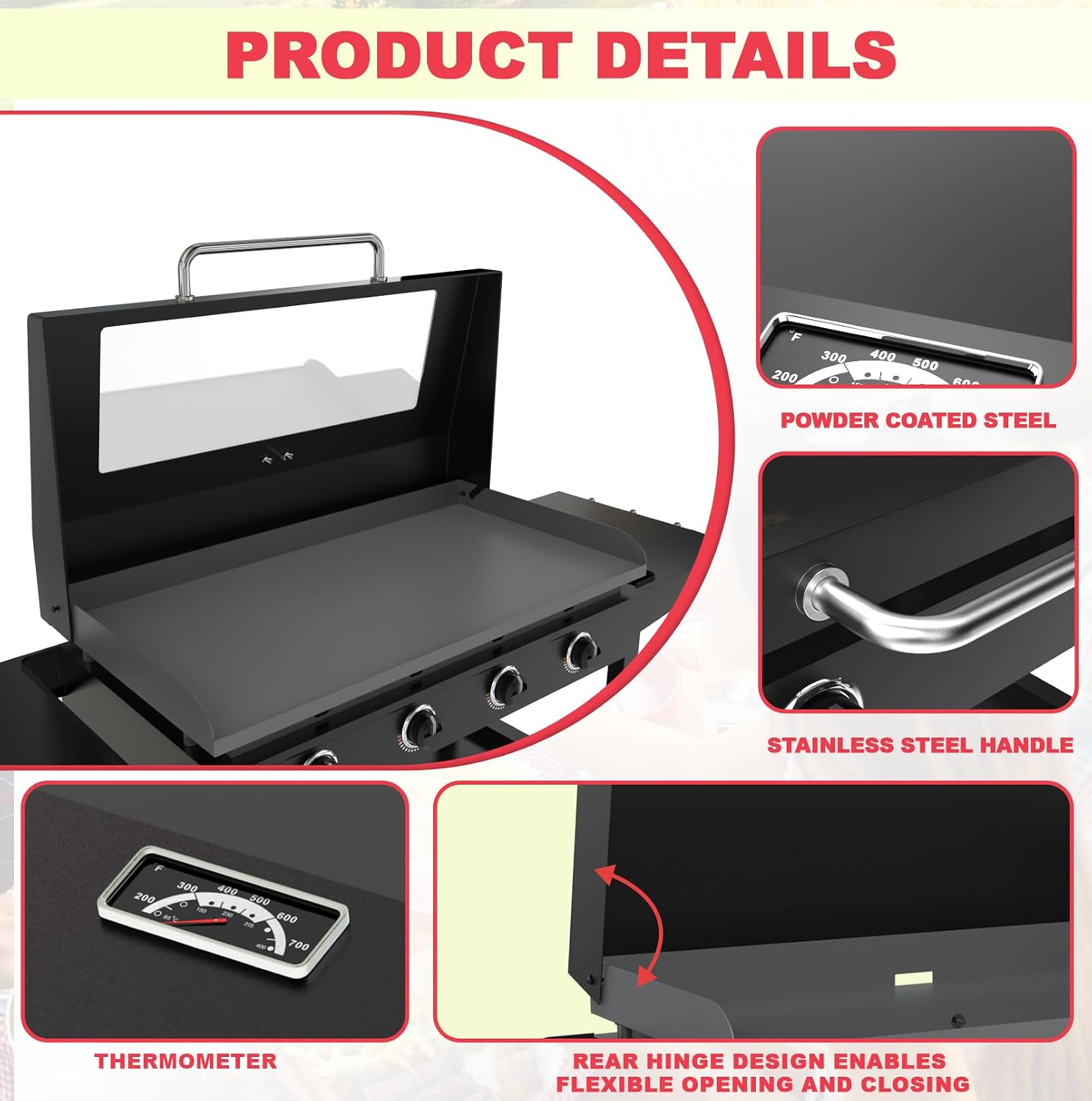 Upgrade Hinged Lid for Blackstone 36 inch Omnivore Griddle, 5856 Visualized Glass Hard Hinged Cover w/Thermometer for Blackstone 36' Omnivore 1554 2210 2322 2310 1825 Flat Top Griddle Accessories