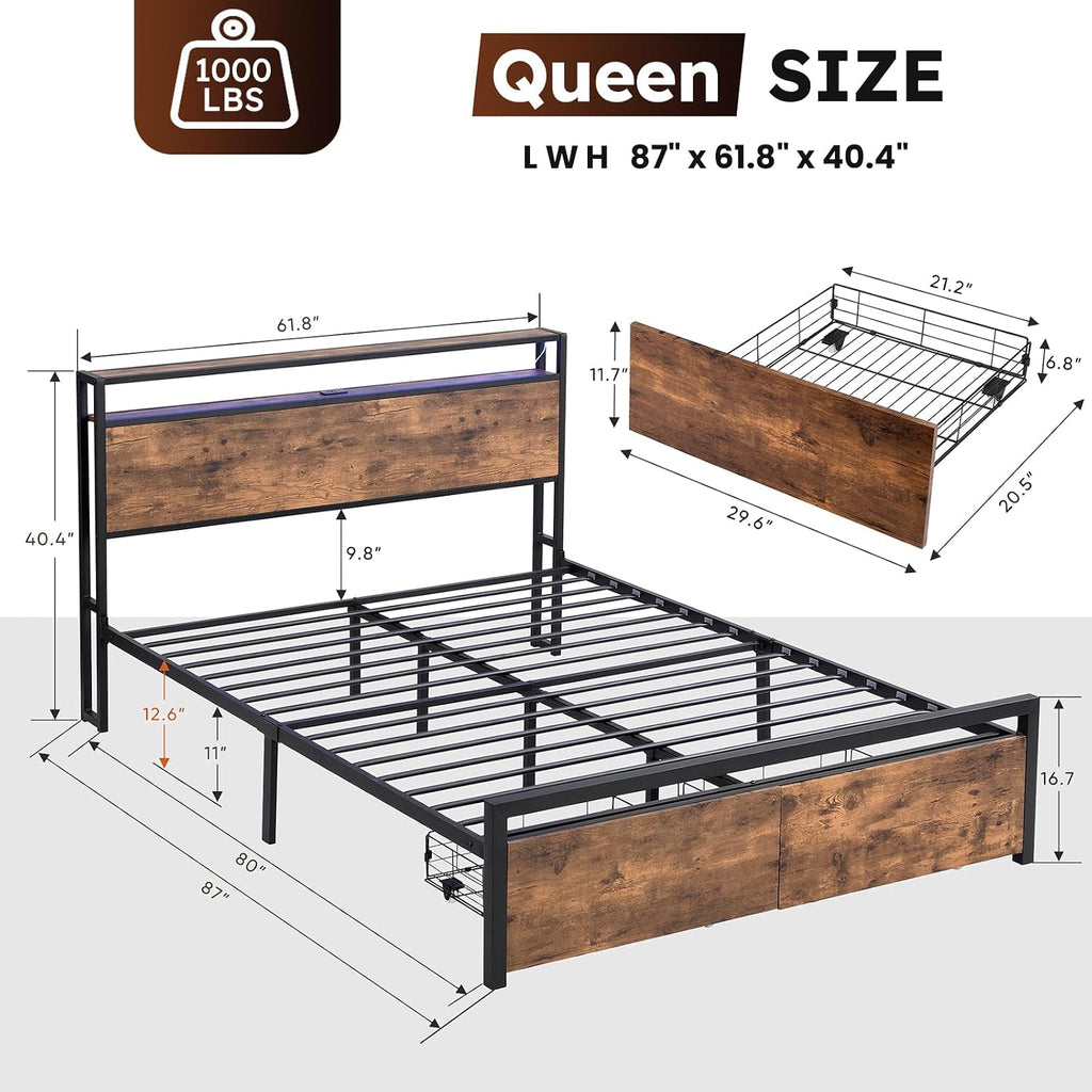 Kiivakii Queen Size Bed Frame, LED Storage Headboard with Charging Station, 2 Drawers Platform Bed Frames, Stable and Solid, No Box Spring Needed, Rustic Brown