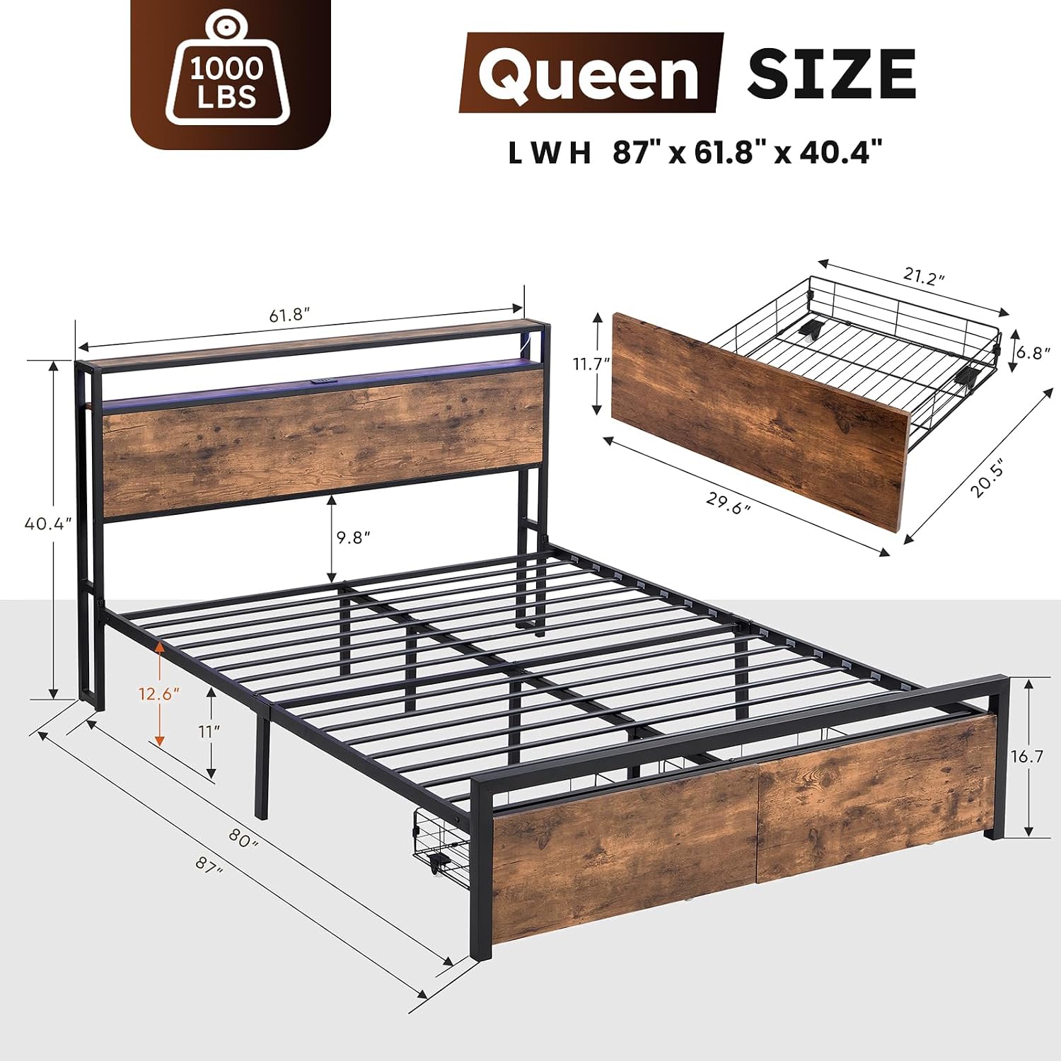 Kiivakii Queen Size Bed Frame, LED Storage Headboard with Charging Station, 2 Drawers Platform Bed Frames, Stable and Solid, No Box Spring Needed, Rustic Brown