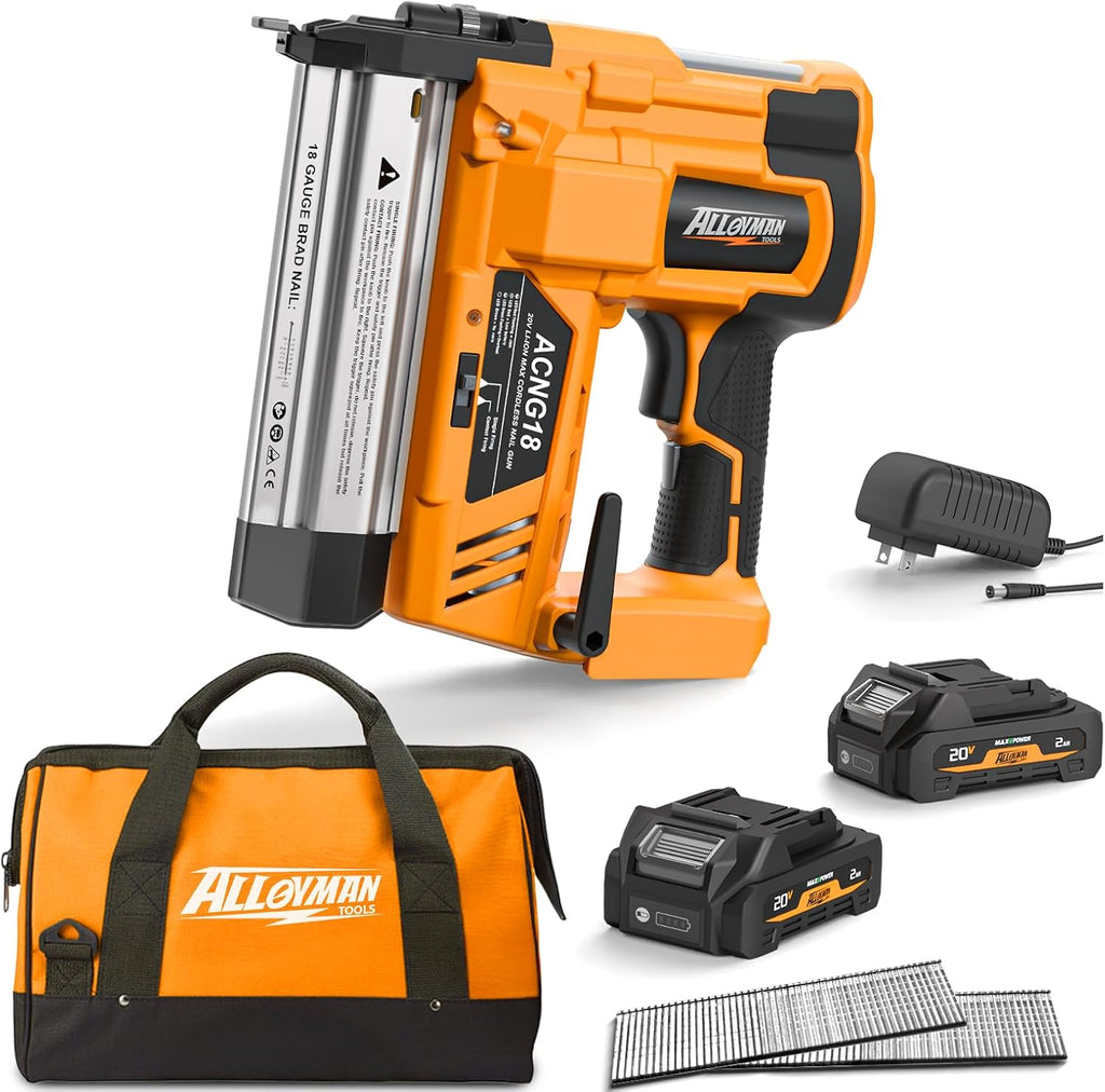 ALLOYMAN 20V 18GA Cordless Brad Nailer, with 2 * 2.0Ah Battery & Charger, Nail Gun Battery Powered, Up to 2 Inch, 2 Firing Modes, Adjustable Depth, 1000pcs Nails Included for Upholstery & Woodworking
