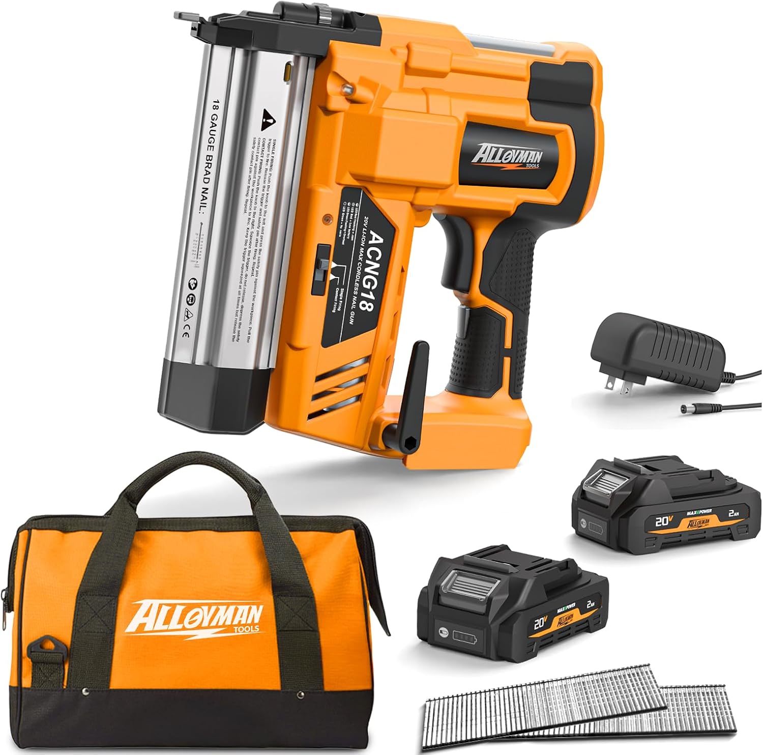 ALLOYMAN 20V 18GA Cordless Brad Nailer, with 2 * 2.0Ah Battery & Charger, Nail Gun Battery Powered, Up to 2 Inch, 2 Firing Modes, Adjustable Depth, 1000pcs Nails Included for Upholstery & Woodworking