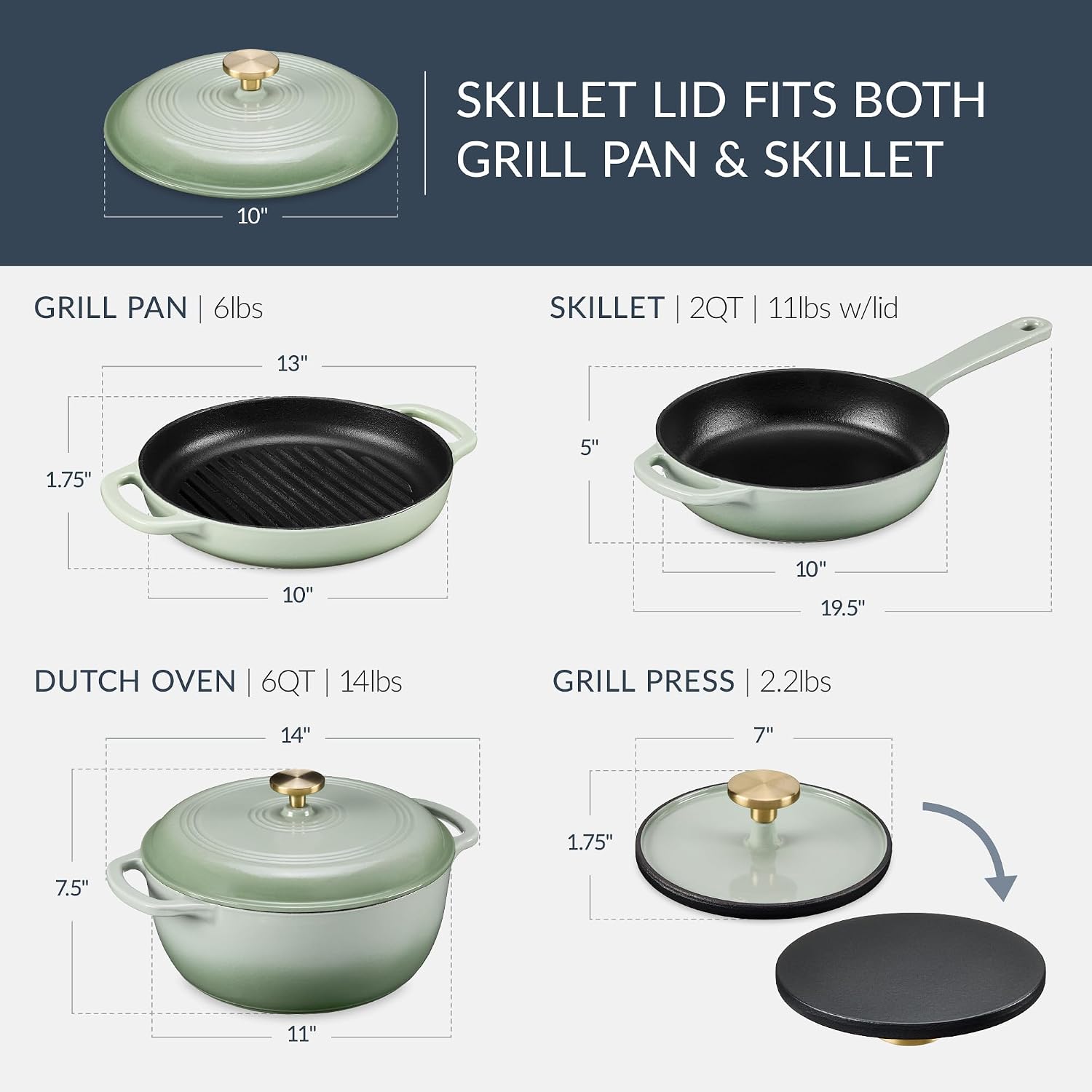 Best Choice Products Non-Stick Pot & Pan Cookware Set, Cast Iron, 2Qt Skillet W/Lid, 10' Grill Or Griddle Pan W/Press, 6Qt Enameled Dutch Oven, Non-toxic, For Cooking & Grilling - Sage