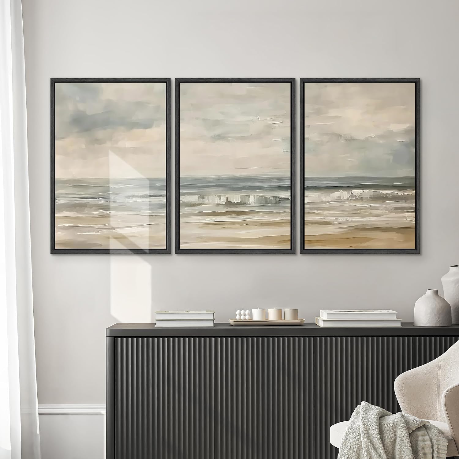 SIGNWIN Framed Canvas Print Wall Art Set Coastal Serenity Abstract Seaside Illustrations Modern Art Decorative Rustic Calm/Zen for Living Room, Bedroom, Office - 16'x24'x3 Black