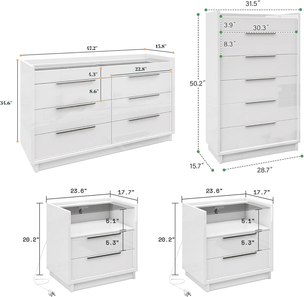 AMERLIFE 4 Piece Bedroom Furniture Set, 2 Nightstands with Charging Station, 8 Drawer Dresser with LED Light & 5 Drawer Chest, Modern High Gloss UV Finish, Bedroom Storage Organizer, White