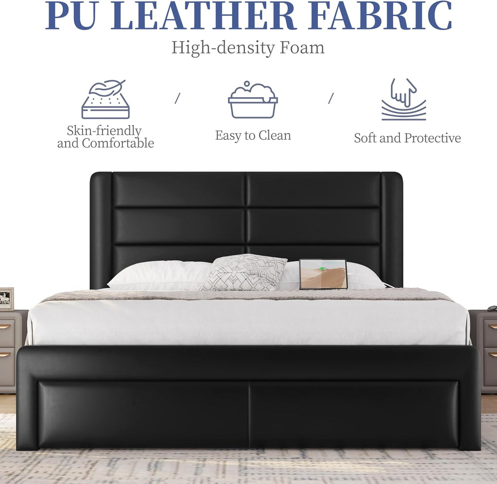 Yaheetech Full Size Bed Frame with 2 USB Charging Stations/Port for Type A&Type C/3 Storage Drawers, Leather Upholstered Platform Bed with Headboard/Solid Wood Slat Support/No Box Spring Needed/Black