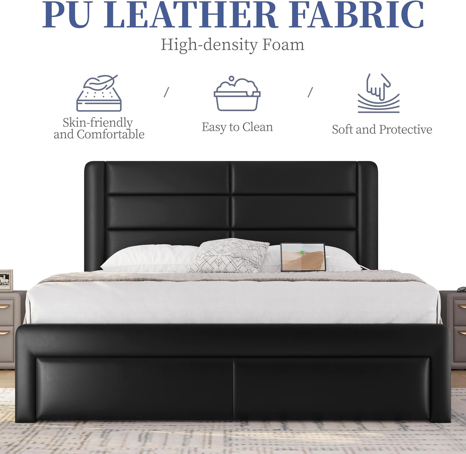 Yaheetech Full Size Bed Frame with 2 USB Charging Stations/Port for Type A&Type C/3 Storage Drawers, Leather Upholstered Platform Bed with Headboard/Solid Wood Slat Support/No Box Spring Needed/Black