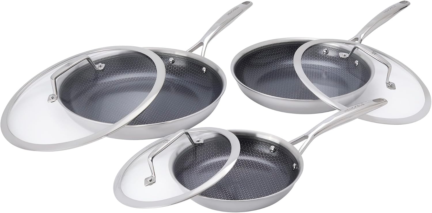 Henckels Paradigm Stainless Steel 6 Pc Fry Pan Set, Tri-Ply Ceramic Nonstick Fry Pan Set, Non Toxic Induction Fry Pan, Metal-Utensil & Dishwasher Safe