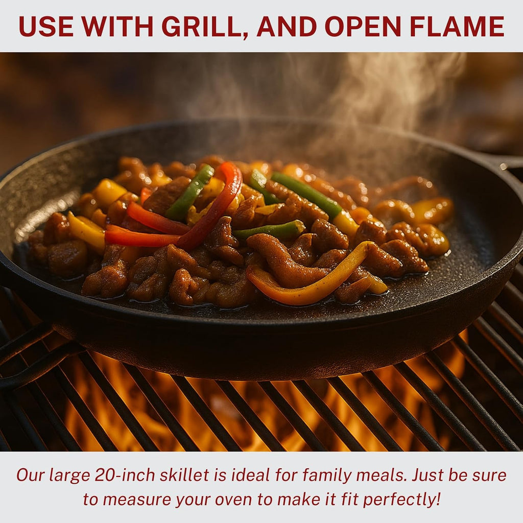 Large Cast Iron Skillet 20 Inch, Pre Seasoned Cast Iron Skillet for Cooking & Frying – XL Heavy Duty Pan with Dual Handles – Ideal for Grill, Oven, Stove, Campfire Use