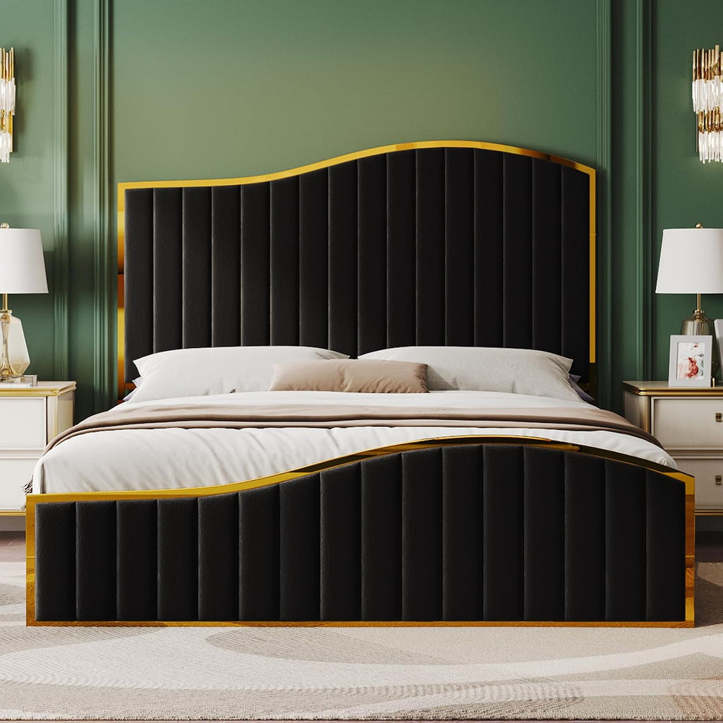 AMERLIFE Queen Size Bed Frame with 61.4' Tall Headboard, Velvet Upholstered Platform Bed with Gold Trim & Footboard, Wooden Slat Support, No Box Spring Needed, Black