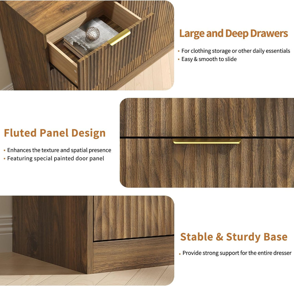 7 Drawer Dresser and Nightstand Sets, 3 Pcs Bedroom Set for Bedroom, Fluted Night Stand Set of 2 & 55' Wide Dresser w/Gold Handles, Mid Century Wood Chest of Drawers Storage Set, Walnut