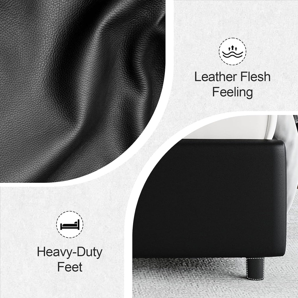 REVOMINCA Queen Bed Frame with LED Lights, Faux Leather Upholstered Platform with Silver Wingback Headboard, Modern Style, No Box Spring Needed, Easy Assembly, Black