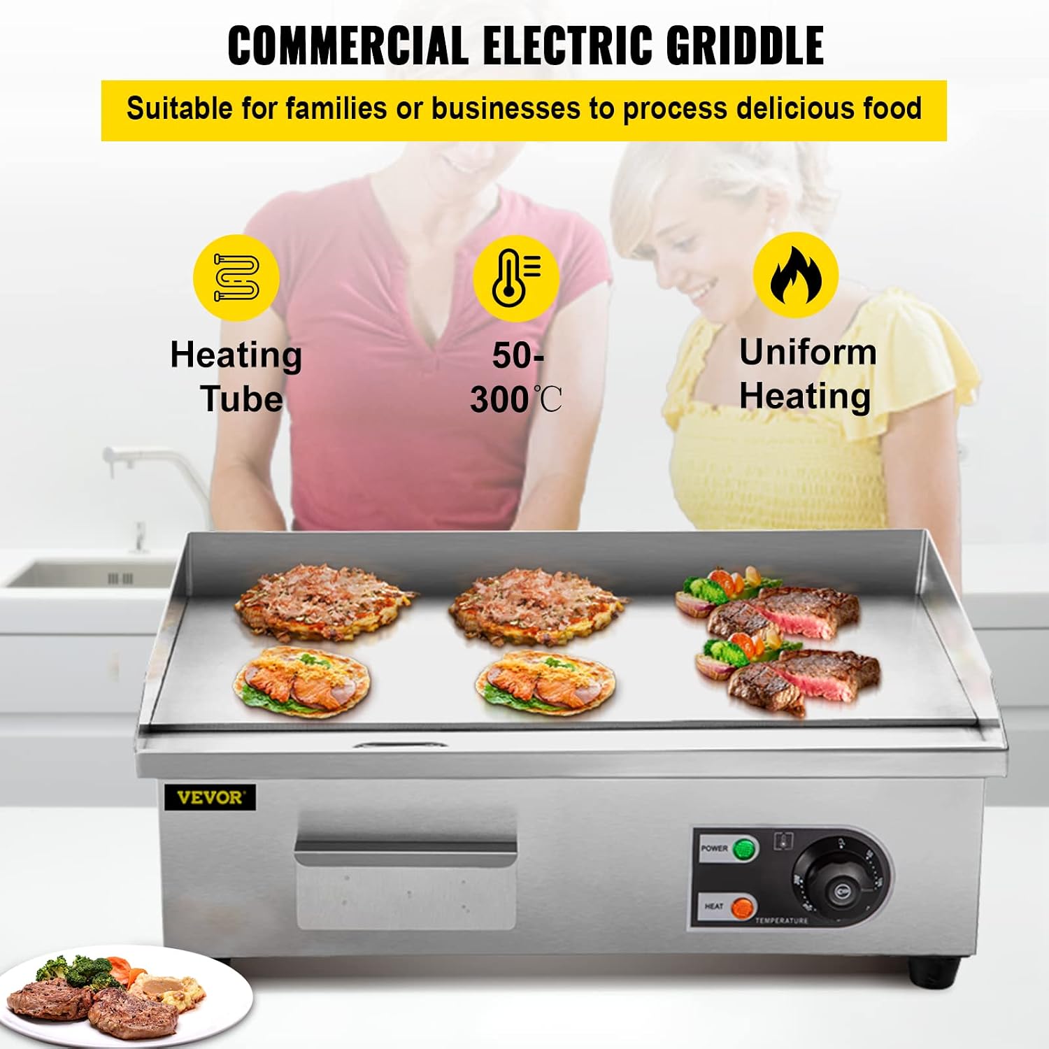 VEVOR Commercial Electric Griddle, 18' Teppanyaki Grill, 1600W Electric Flat Top Grill, Stainless Steel Electric Countertop Griddle w/Drip Hole, 50-300℃ Countertop Griddle for Pancake (No Plug)