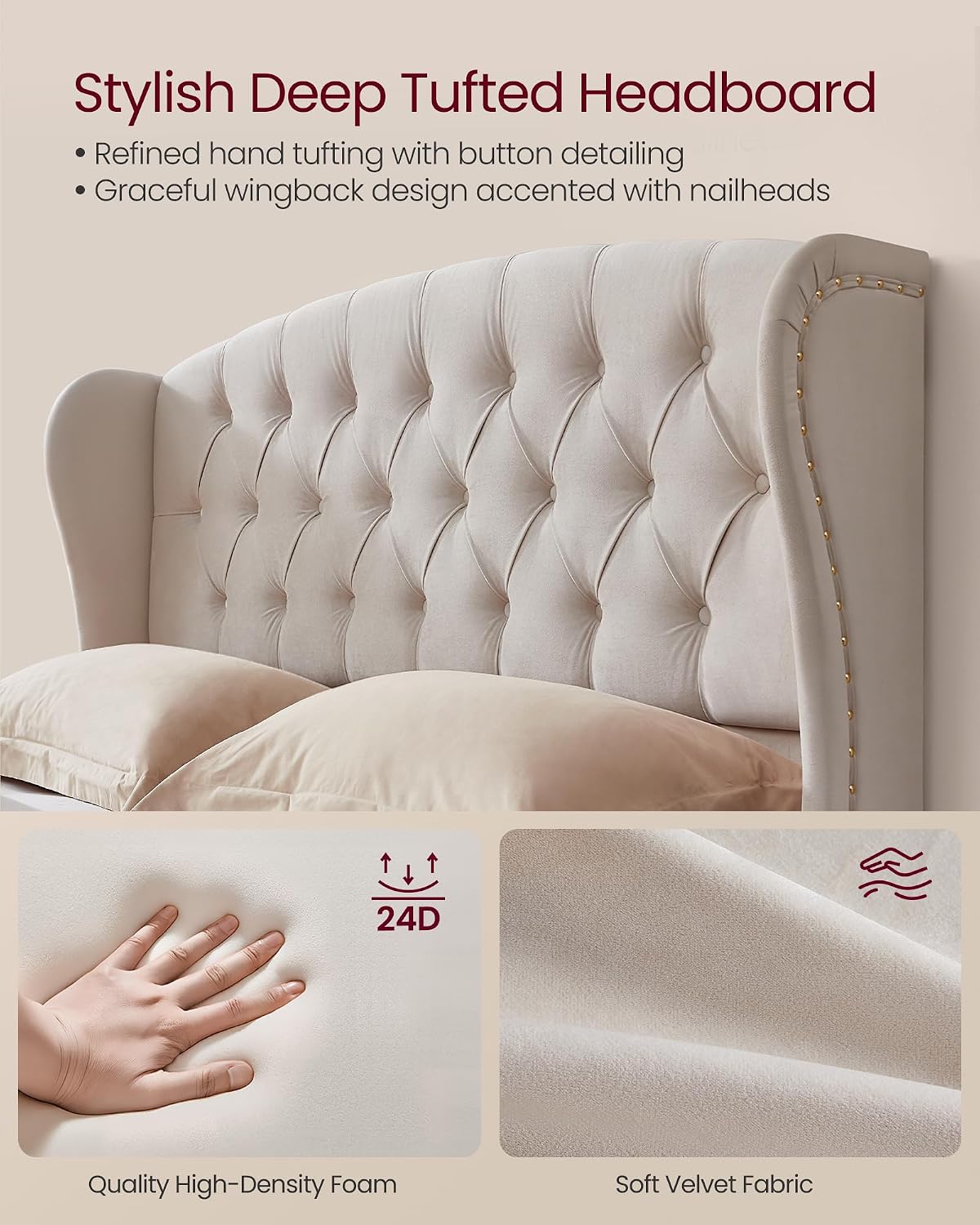 VASAGLE Queen Bed Frame with Tall Headboard, Upholstered Platform Bed Frame Queen Size, with Wingback Tufted Headboard and Footboard, Wooden Slats, No Box Spring Needed, Cappuccino Beige URMB881W01