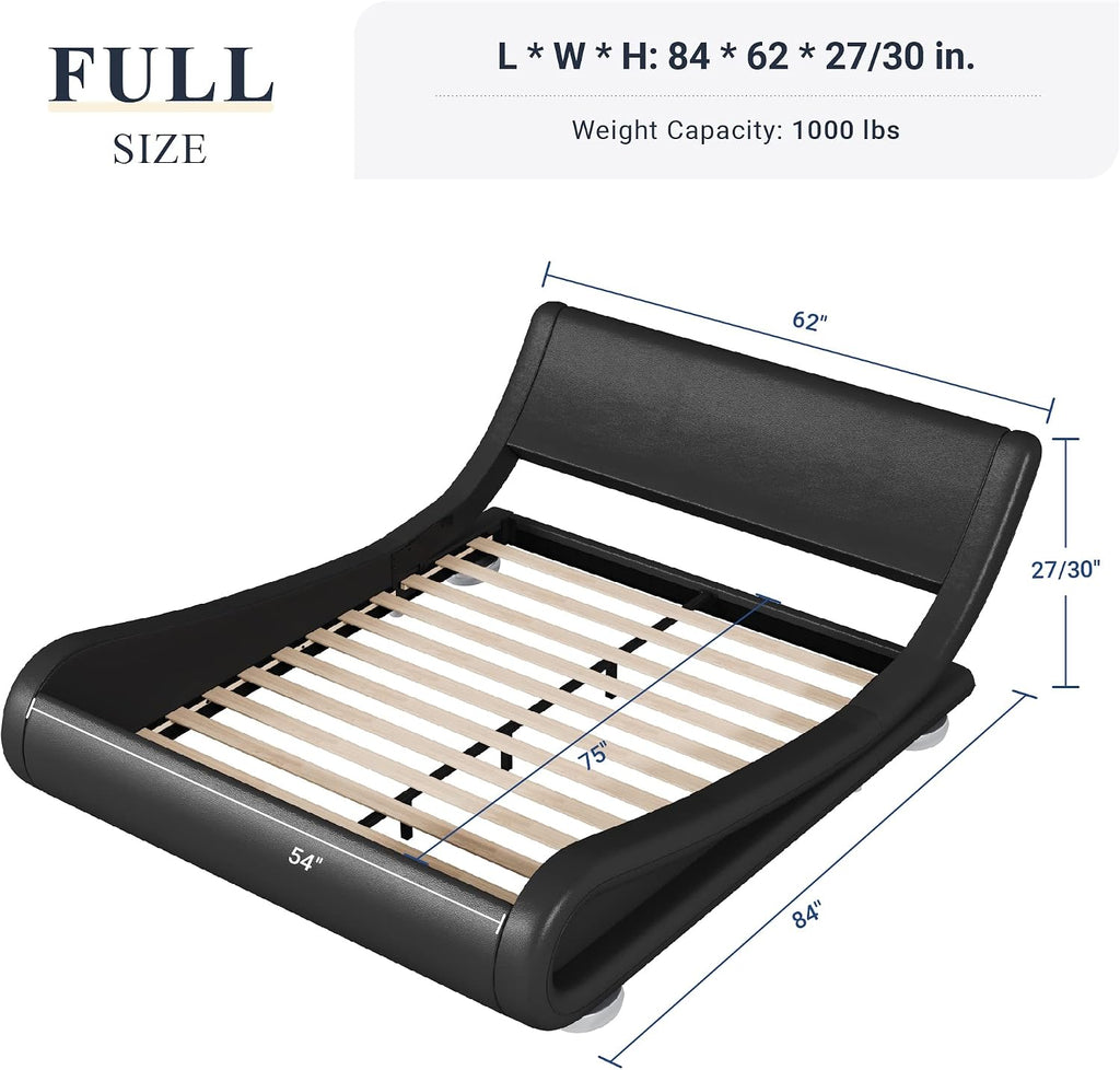 Allewie Full Size Upholstered Platform Bed Frame with Adjustable & Ergonomic Headboard, Low Profile Sleigh Design for Modern Bedroom - Easy Assembly, No Box Spring Needed, Black